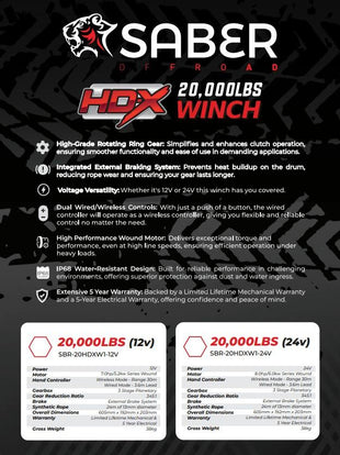 Saber HDX  Winch Unfitted 12V 20,000Lb 12mm x 25m Synth